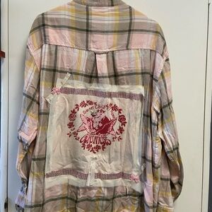 Pink Flannel Xtra Large w Guns N' Roses Graphic Tee on back with Crown Brooch